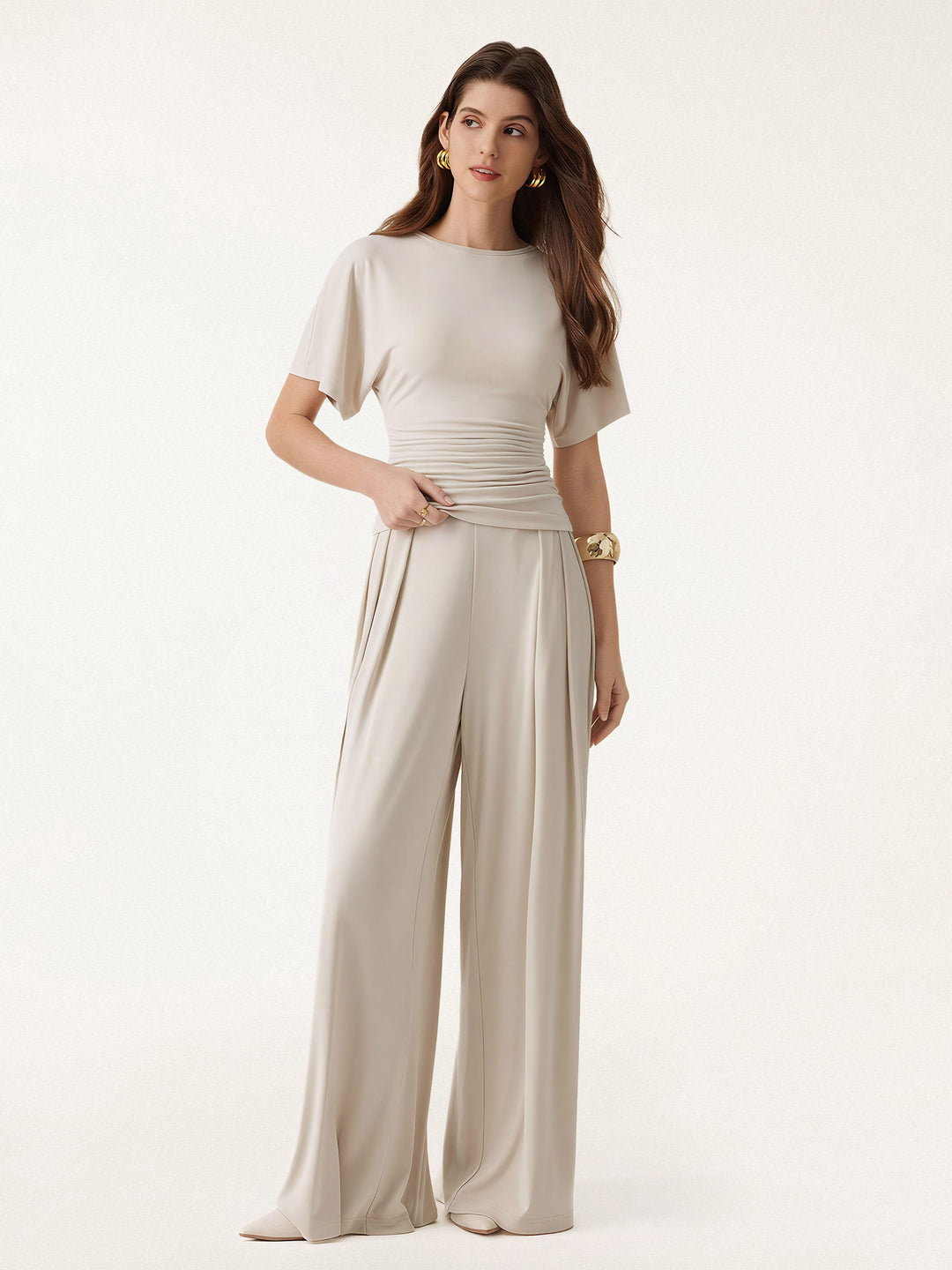 2Pcs Set Boatneck Batwing Sleeve Top & Wide Leg Palazzo Pant with Pockets — women's women > bundles&sets > bundles, front view