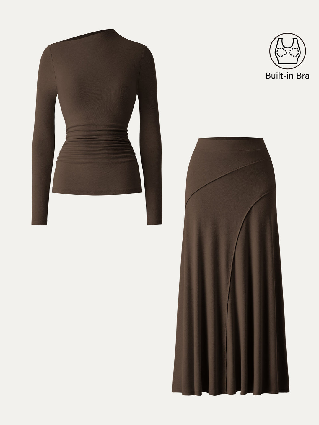 2Pcs Set LiteWarm Asymmetrical Long Sleeve Built-In Bra Top 2.0 & A-Line Midi Skirt