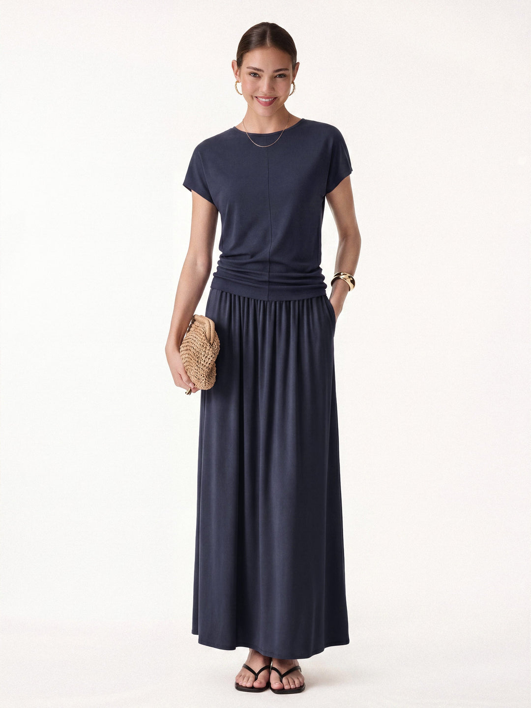 2Pcs Set Round Neck Top & A-Line Maxi Skirt with Pockets — women's women > bundles&sets > bundles, front view