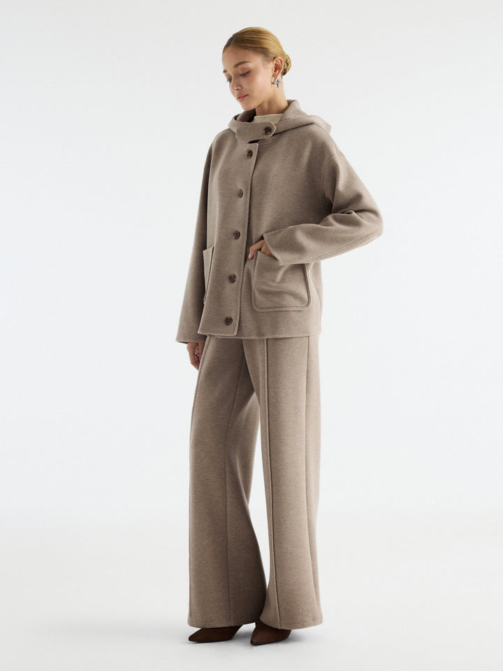 2Pcs Set Hooded Long Sleeve Jacket with Pockets & Mid-Rise Wide-Leg Pants with Pockets