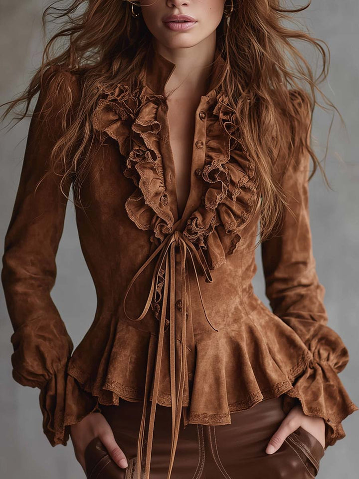 Vintage Caramel Eco-Suede Ruffle Blouse With Lace Trim