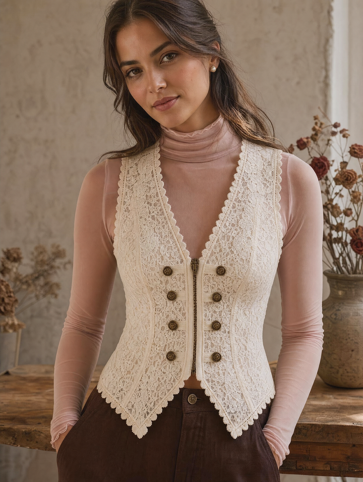 Boho Romantic Cream Floral Lace Double Breasted Corset Vest