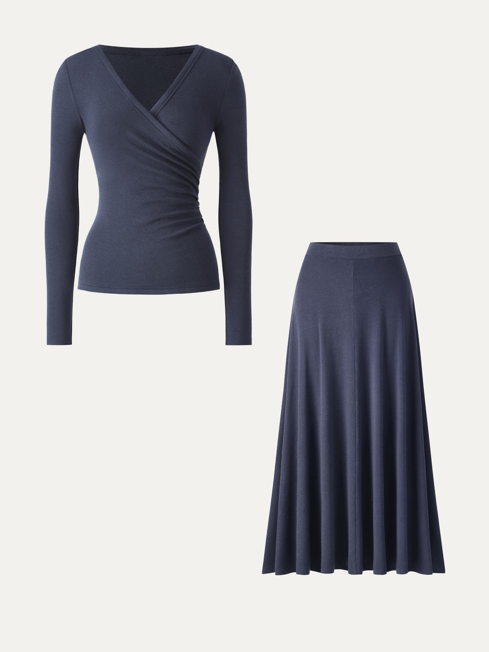 2Pcs Set LiteWarm Surplice Ruched Top & Blend Mid-Rise Umbrella Maxi Skirt — women's women > bundles&sets > bundles, back view