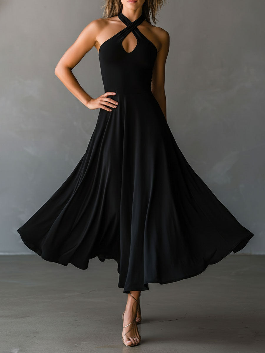 Retro Black Halter Cross Tie-back A-Line Midi Dress