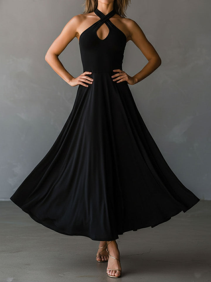 Retro Black Halter Cross Tie-back A-Line Midi Dress
