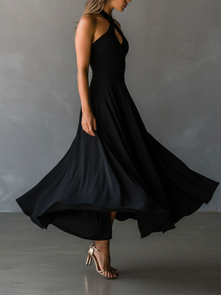 Retro Black Halter Cross Tie-back A-Line Midi Dress