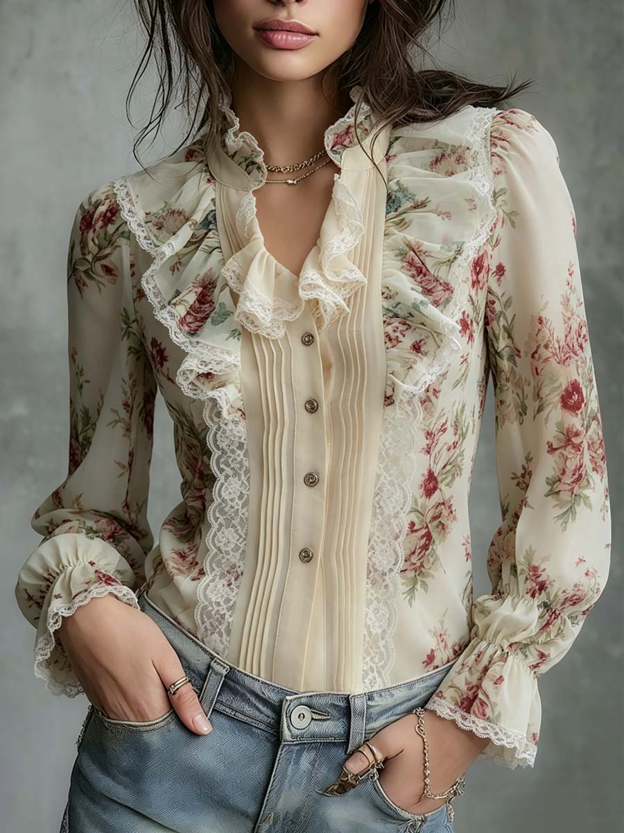 Vintage Oil Painting Lace And Floral Chiffon Blouse