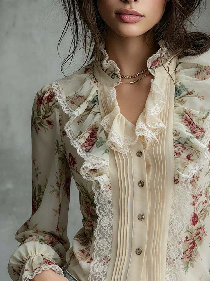 Vintage Oil Painting Lace And Floral Chiffon Blouse