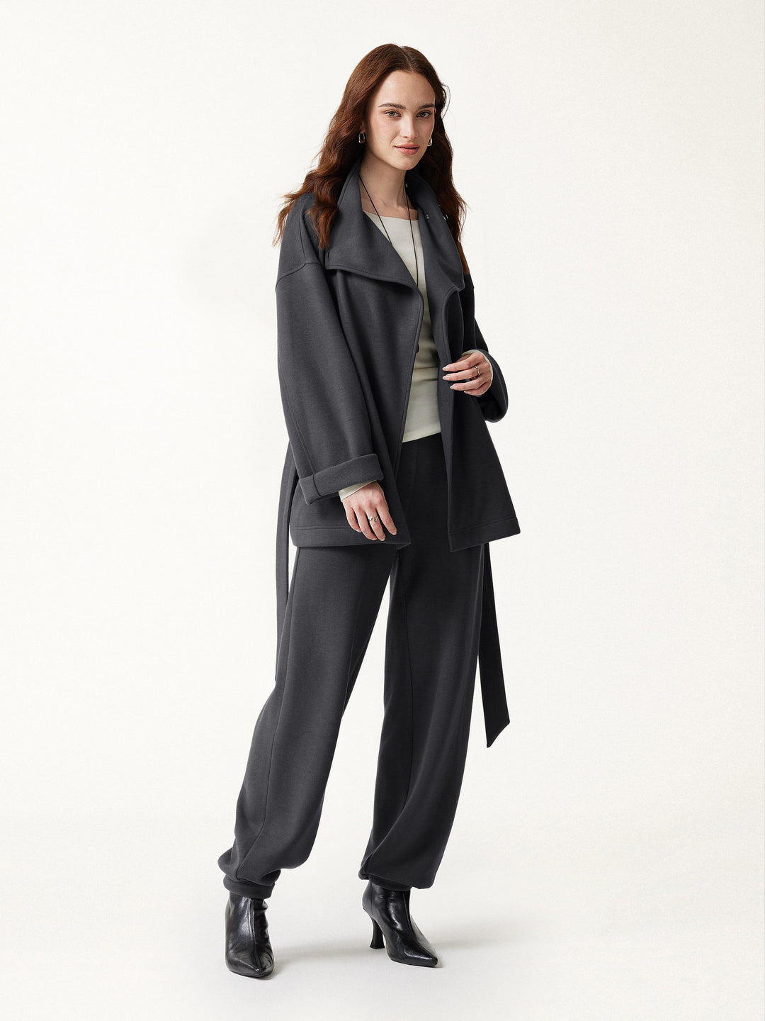 2Pcs Set Waterfall Lapel Belted Jacket with Pockets & Mid-Rise Balloon Pants with Pockets