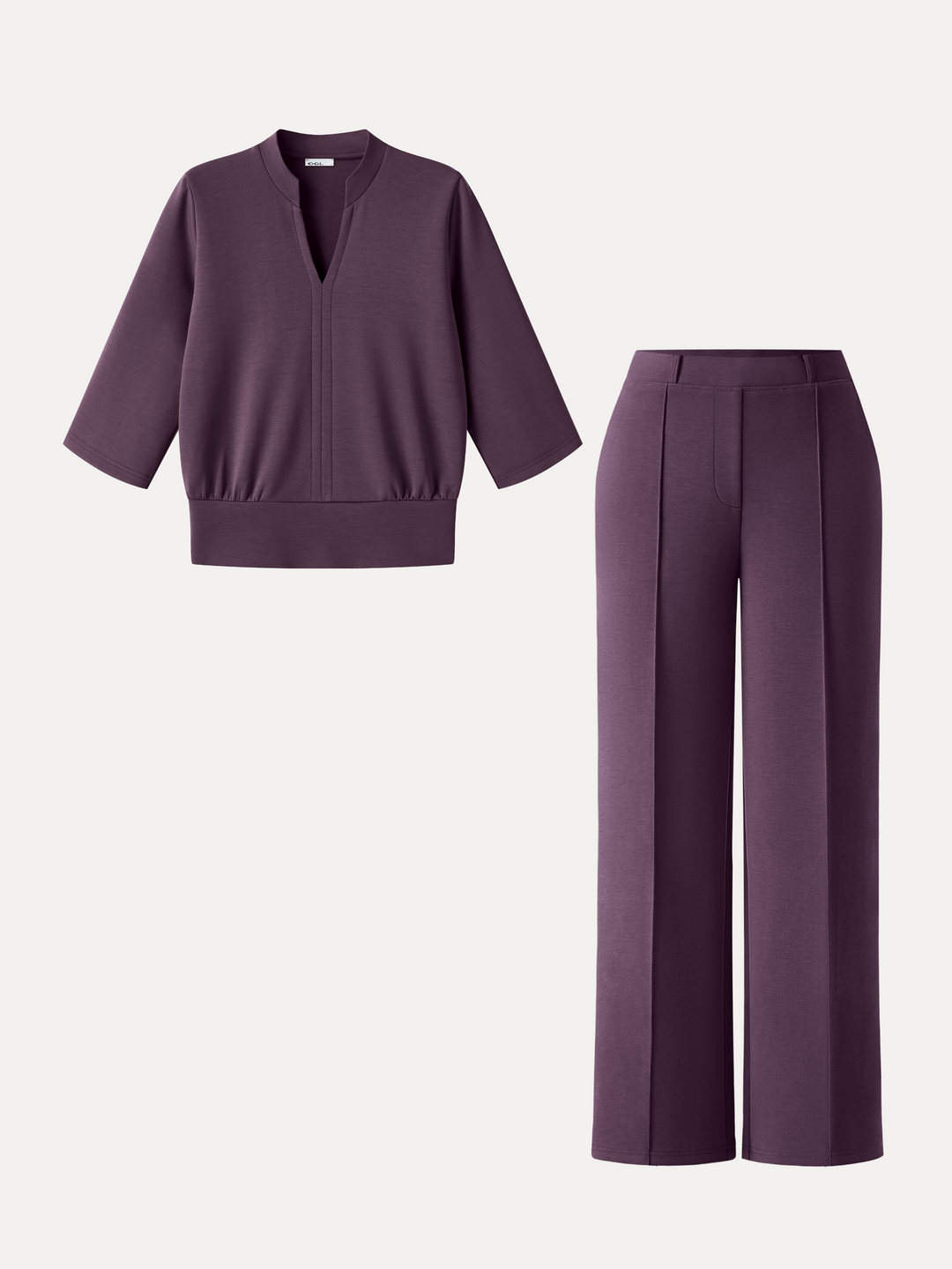 2Pcs Set V-Neck Elbow Sleeve Top & Mid Rise Straight Leg Pants with Pockets