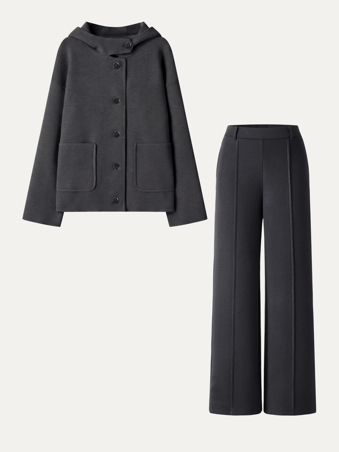 2Pcs Set Hooded Long Sleeve Jacket with Pockets & Mid-Rise Wide-Leg Pants with Pockets
