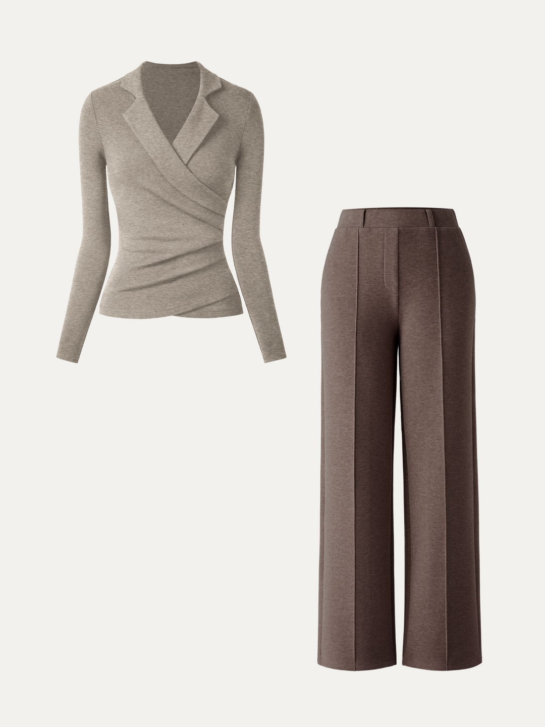 2Pcs Set Collared Surplice Top & High Waisted Straight Leg Pull On Pant