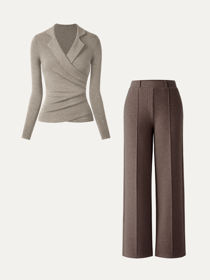 2Pcs Set Collared Surplice Top & High Waisted Straight Leg Pull On Pant