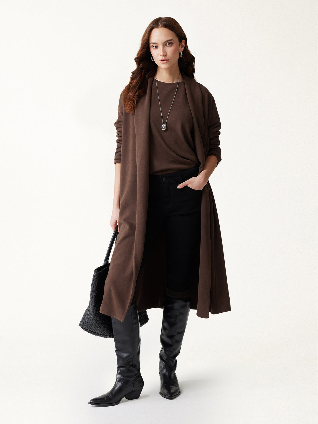 2Pcs Set MaxWarm Shawl Collar Long Sleeve Midi Cardigan with Pockets & Boatneck Long Sleeve Textured Top — women's women > bundles&sets > bundles, front view