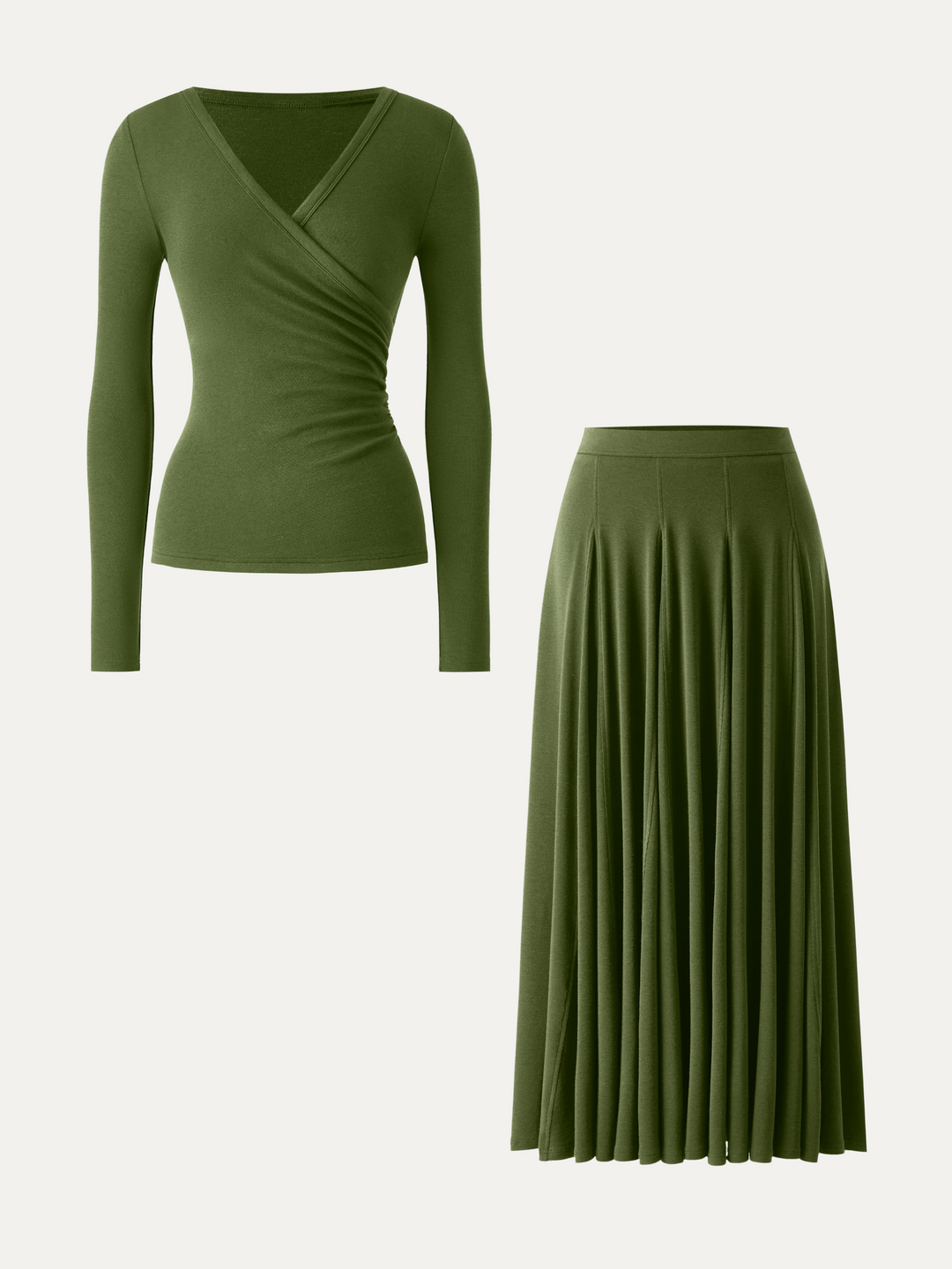 2Pcs Set LiteWarm Surplice Ruched Long Sleeve & Godet Hem Pull-on Maxi Skirt
