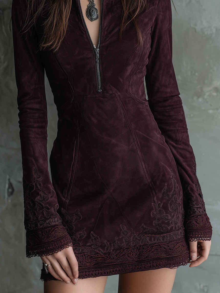 Vintage Suede Embroidered Lace Trim Mini Dress | Harry & Kate London