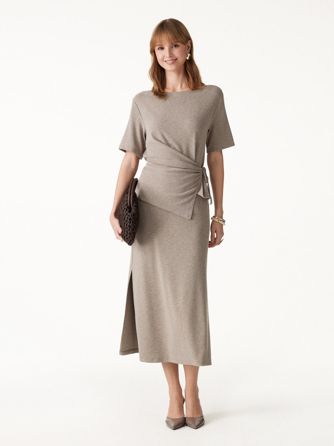 2Pcs Set LiteWarm Short Sleeve Tie-Side Top & Side-Slit A-Line Midi Skirt