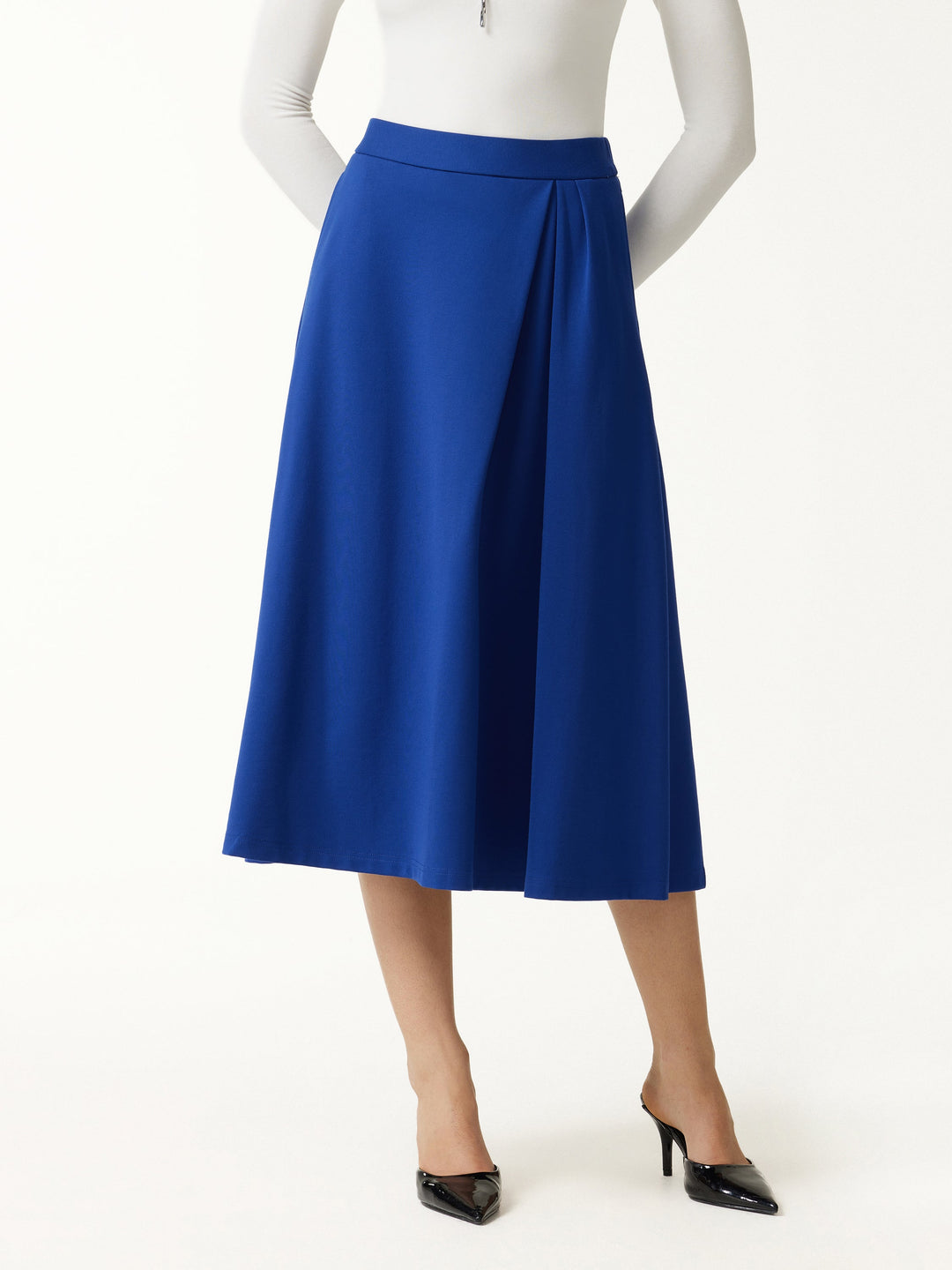 Ponte Mid-Rise Tucked A-Line Midi Skirt with Pockets