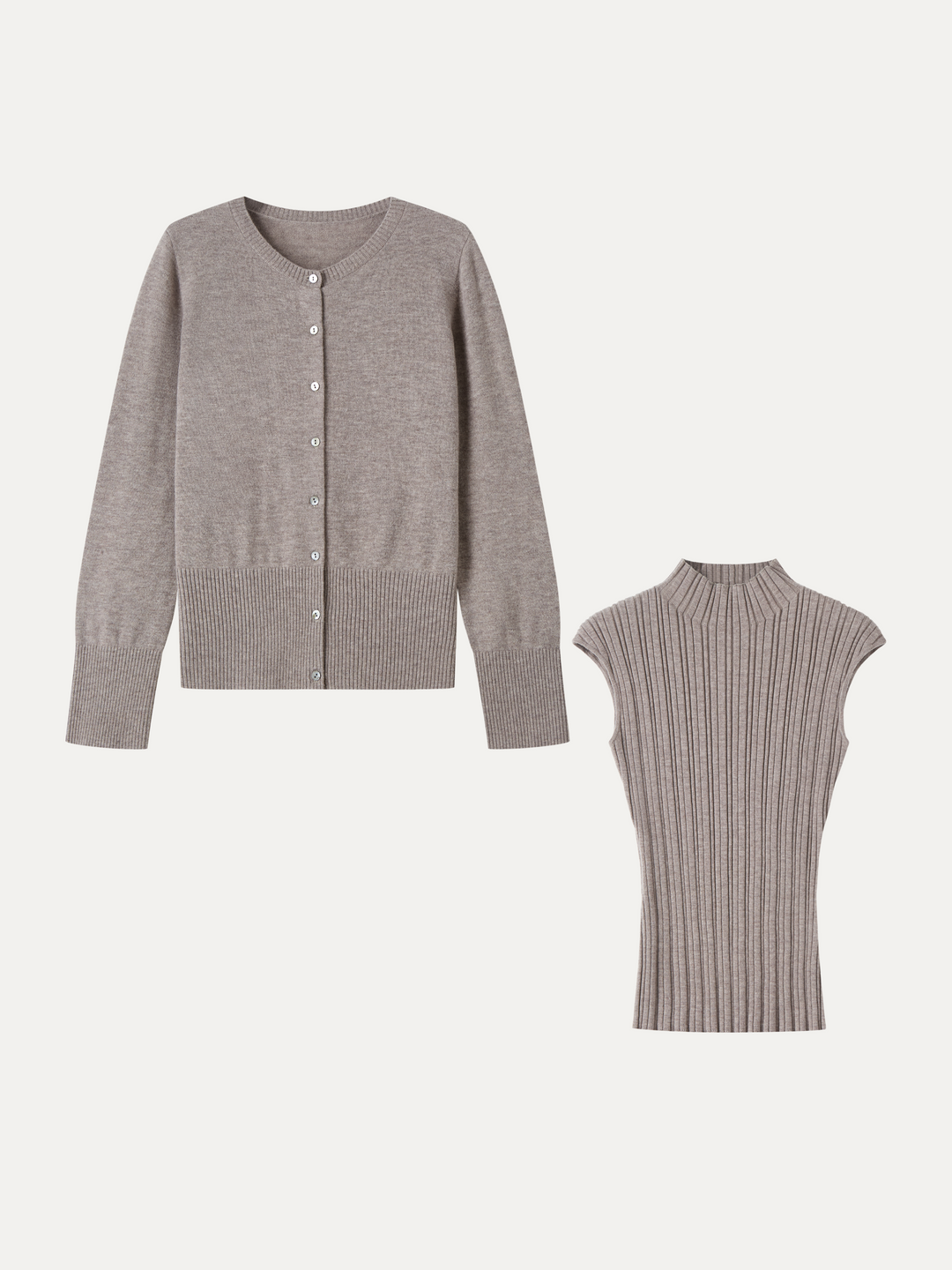 2Pcs Set 100% Merino Wool Long Sleeve Cardigan & Mock Neck Sweater