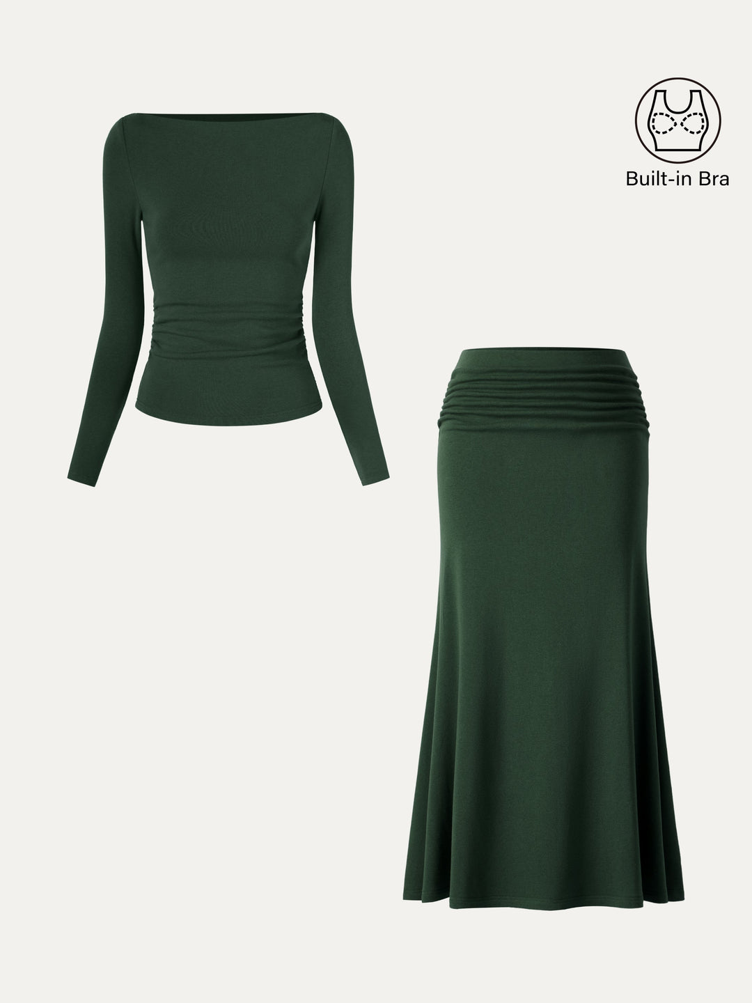 2Pcs Set Boatneck Built-In Bra Top 2.0 & Mid-Rise Ruched Flared Midi Skirt