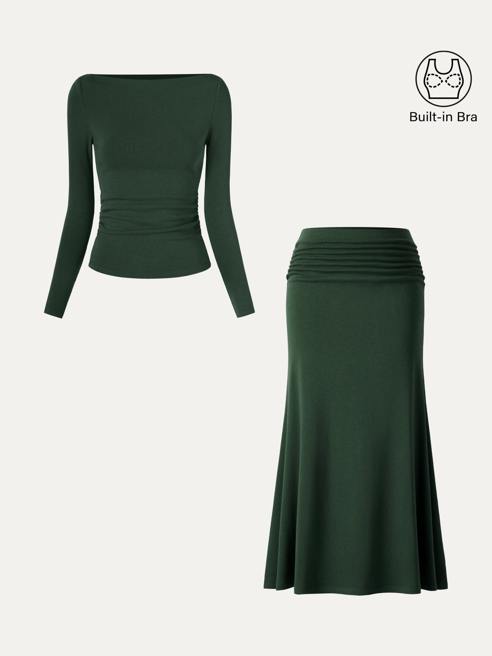2Pcs Set Boatneck Built-In Bra Top 2.0 & Mid-Rise Ruched Flared Midi Skirt — women's women > bundles&sets > bundles, back view