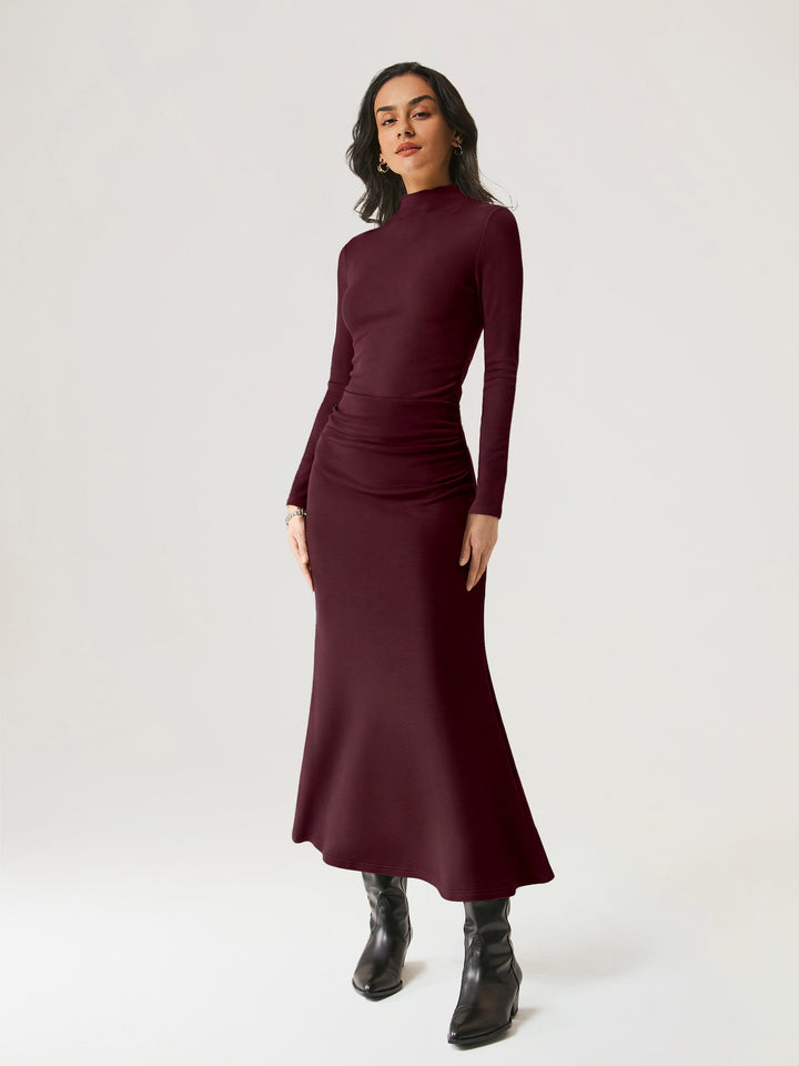 2Pcs Set Prowarm Ruched Sides Mockneck Top & Mermaid Maxi Skirt