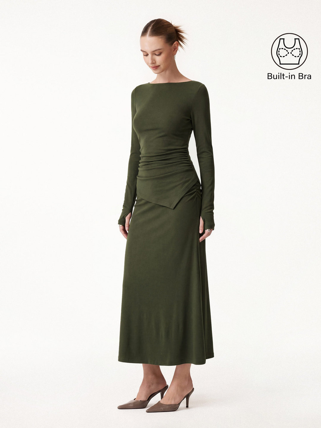 2Pcs Set Asymmetrical Built-In Bra Top 2.0 & Mid-Rise Ruched Flared Midi Skirt — women's women > bundles&sets > bundles, front view