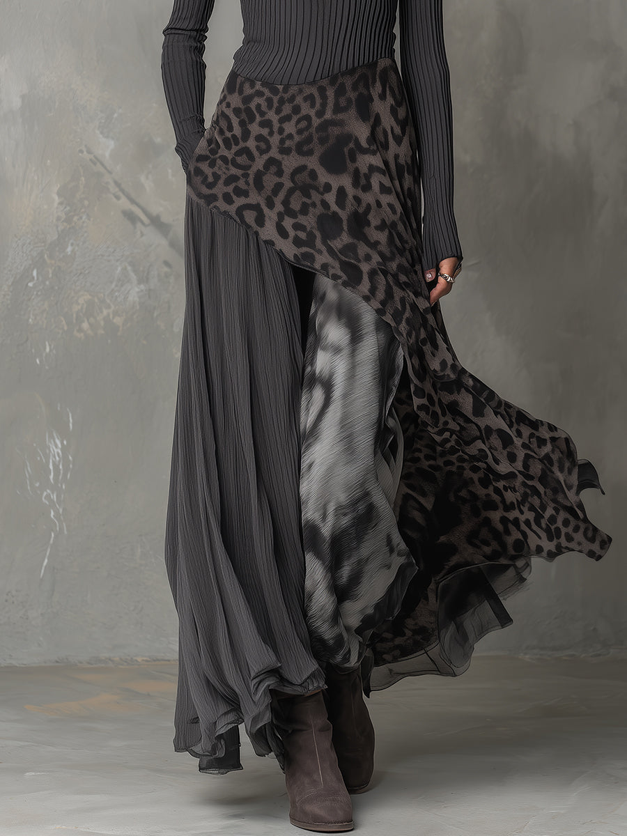 Bohemian Pit Stripe Leopard Print Splicing Irregular Hem Maxi Dress