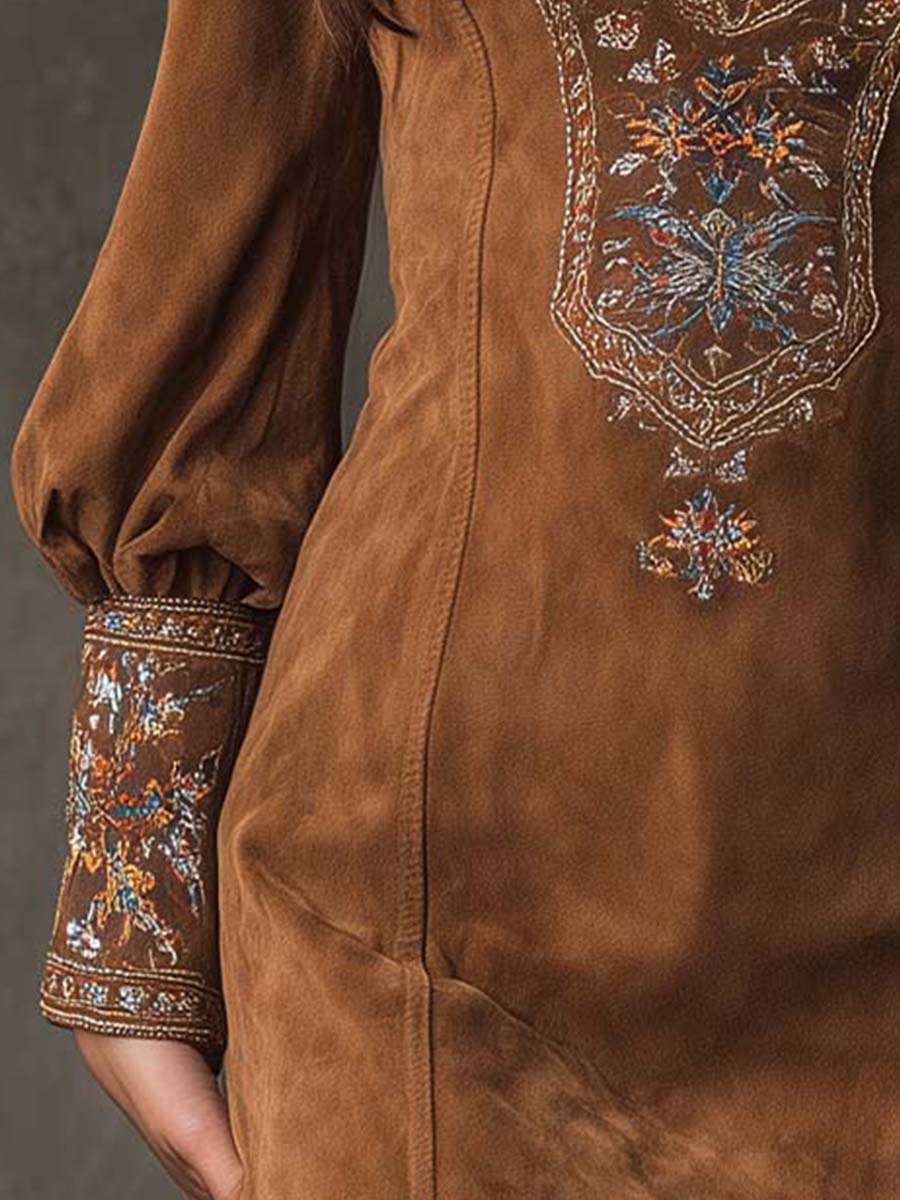 Vintage Suede Embroidered Mini Dress With Long Sleeves | Harry & Kate London