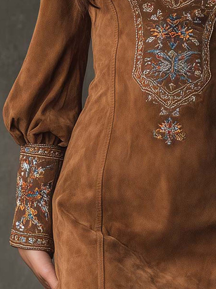 Vintage Suede Embroidered Mini Dress With Long Sleeves | Harry & Kate London