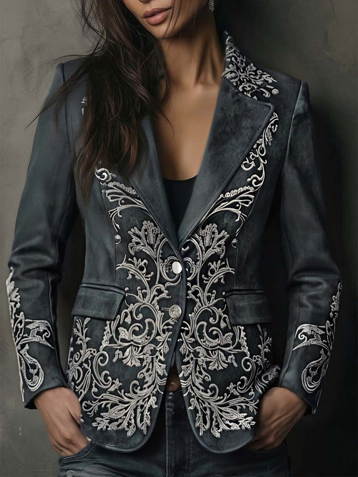 Embossed Floral Eco-Suede Blazer In Charcoal Taupe