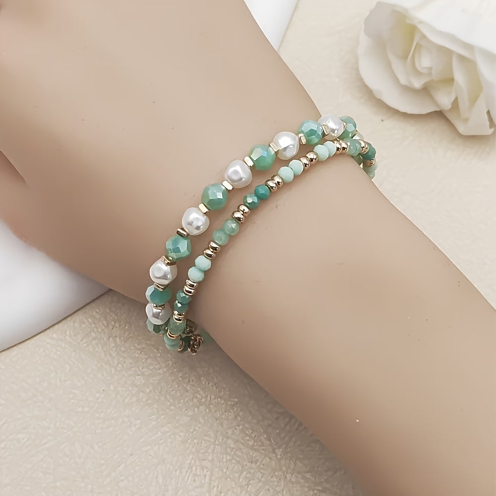Main shot of the bohemian pearl and turquoise bracelet set