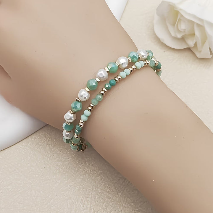 Main shot of the bohemian pearl and turquoise bracelet set