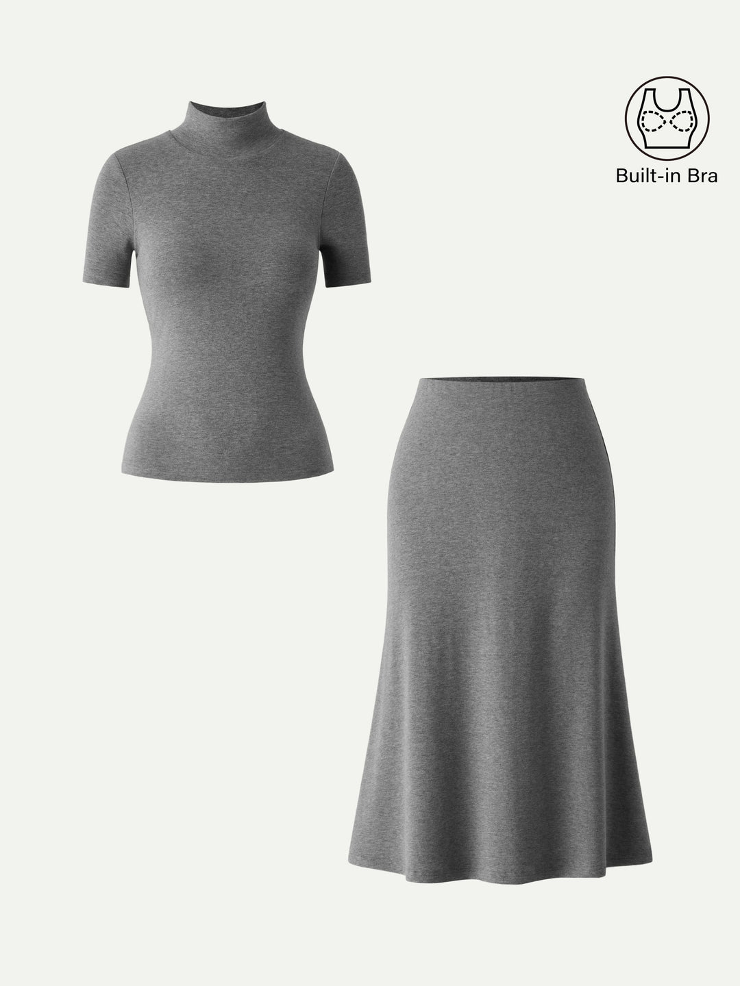 2Pcs Set Mockneck Built-In Bra Top 3.0 & Pull-On Midi Skirt