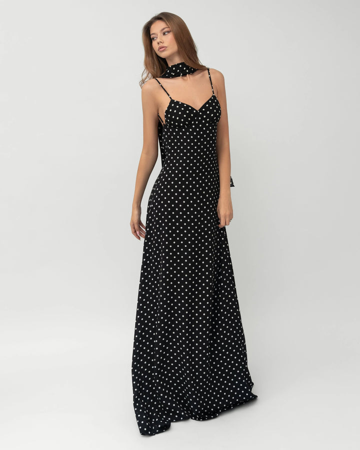 Midnight Muse Polka Maxi — women's maxi dress, back view