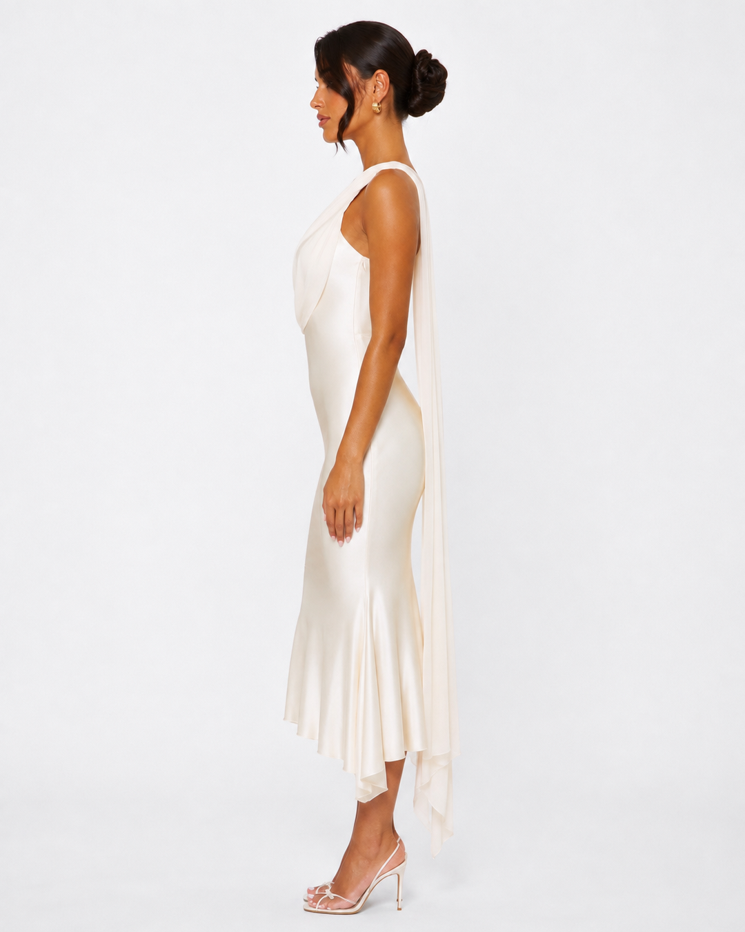 Seraphina Satin Midi — women's midi dress, detail of the neckline