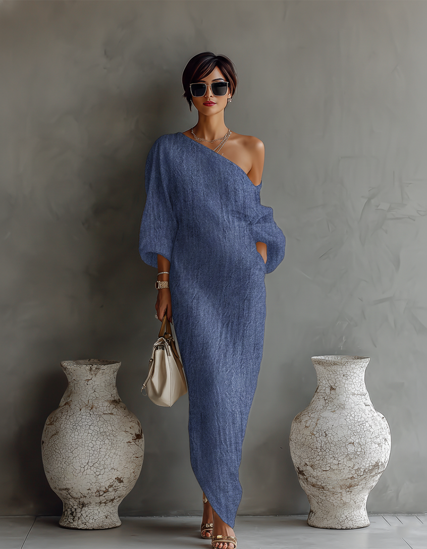 Ivory Off-Shoulder Flowing Dress — back view