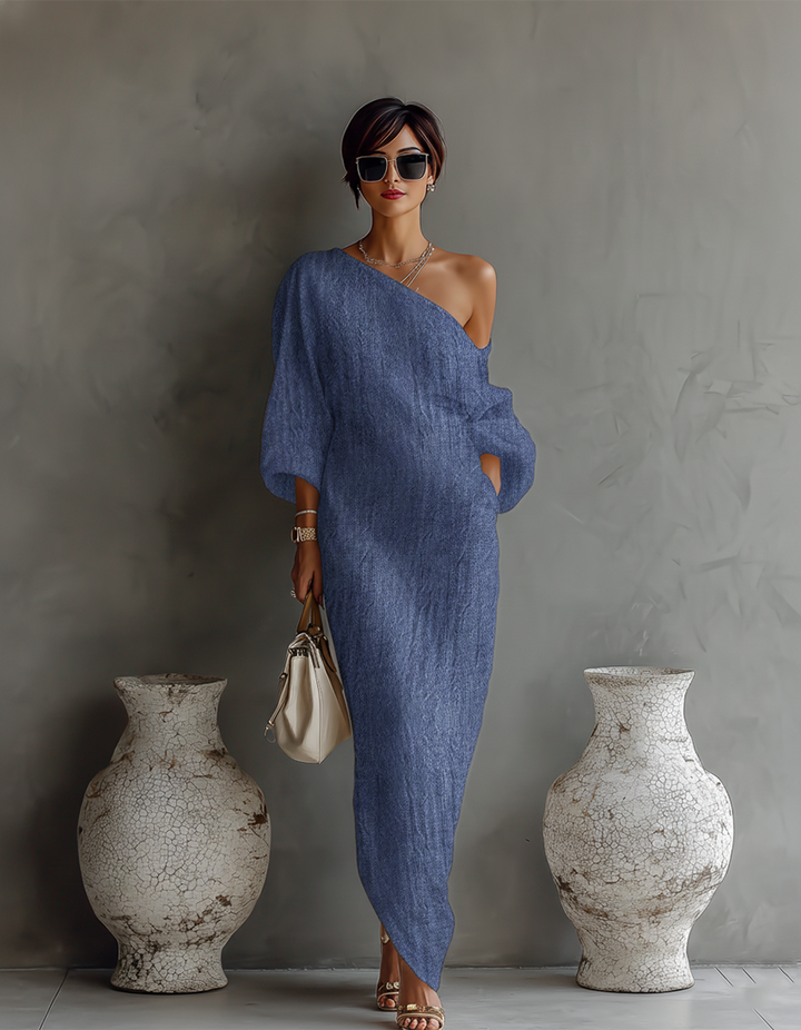Ivory Off-Shoulder Flowing Dress — back view