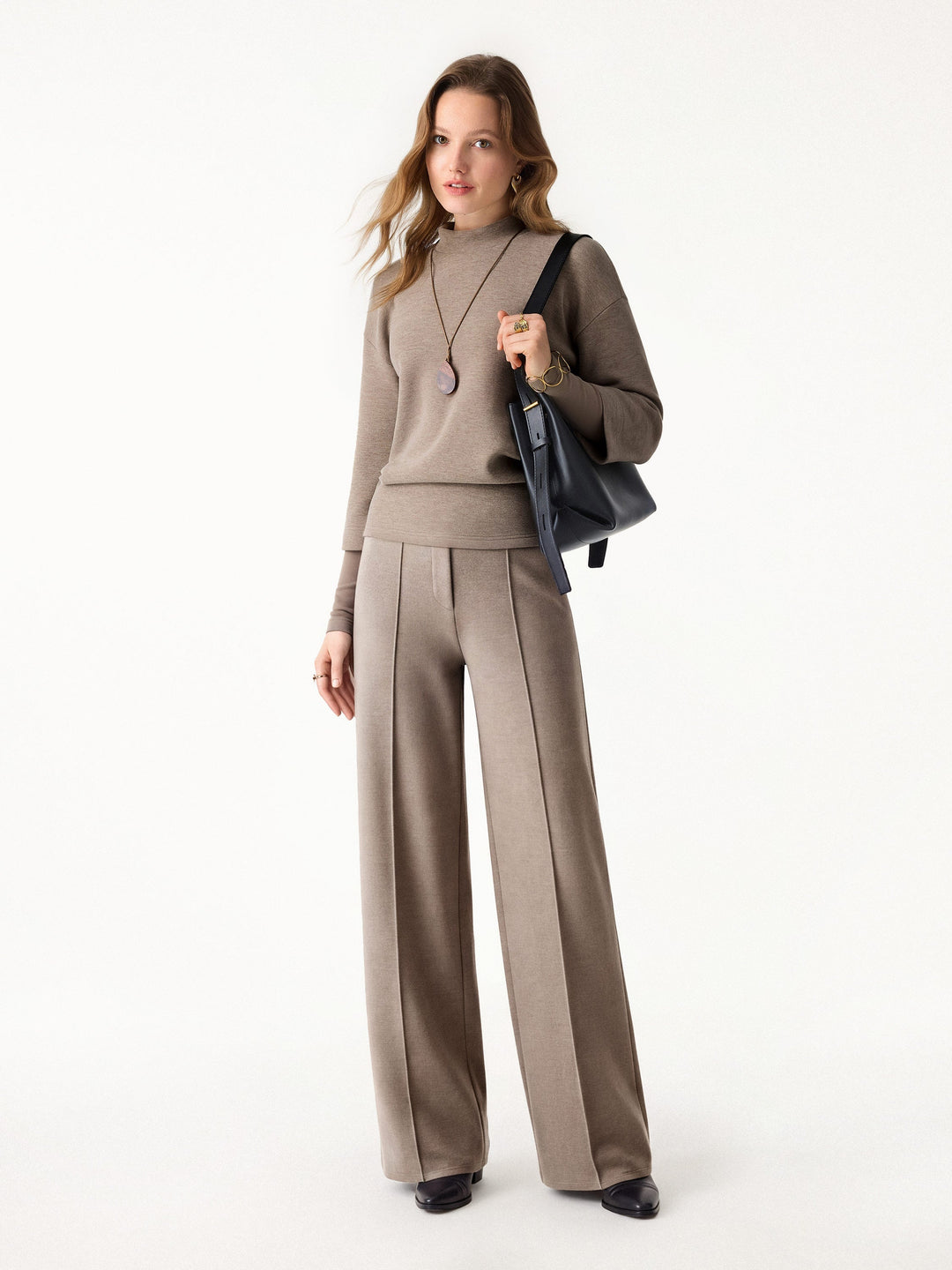 2Pcs Set Mockneck Top & High Waisted Straight Leg Pull On Pant