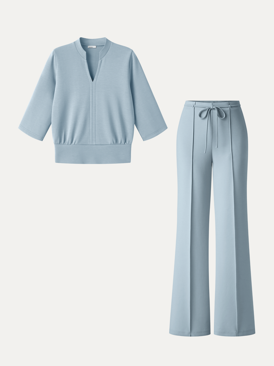 2Pcs Set V-Neck Elbow Sleeve Bam Top & High-Rise Flare Pants with Pockets