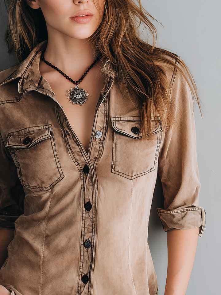 Retro Washed Contrast Stitching Blouse