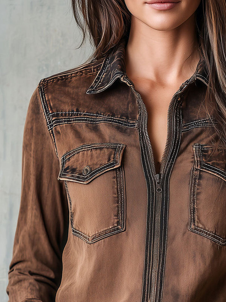 Vintage Brown Washed Contrast Stitching Utility Zip Shirt Jacket | Harry & Kate London