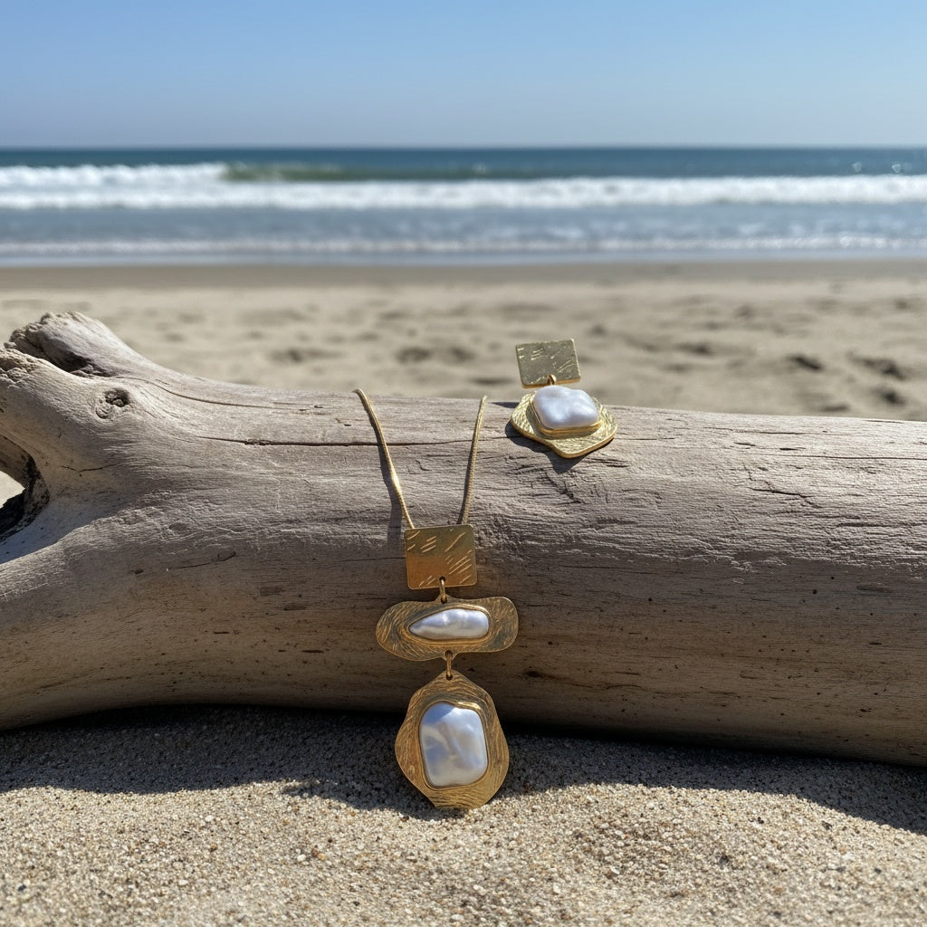Matching mosaic earrings shown beside the necklace