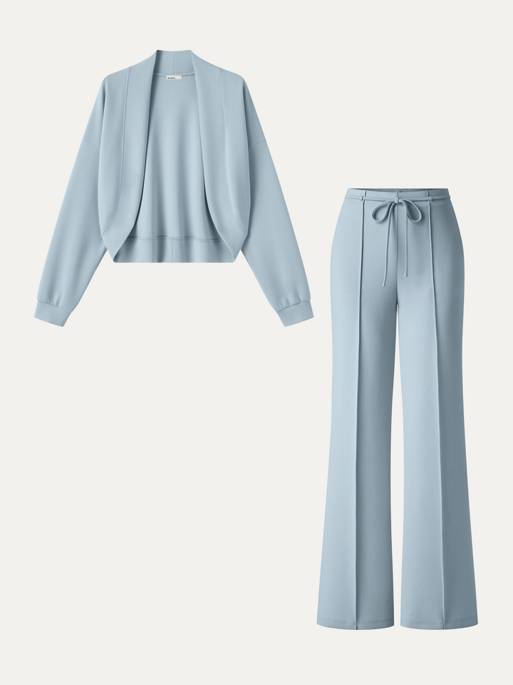 2Pcs Set Long Sleeve Drop-Shoulder Cardigan & High-Rise Flare Pants with Pockets