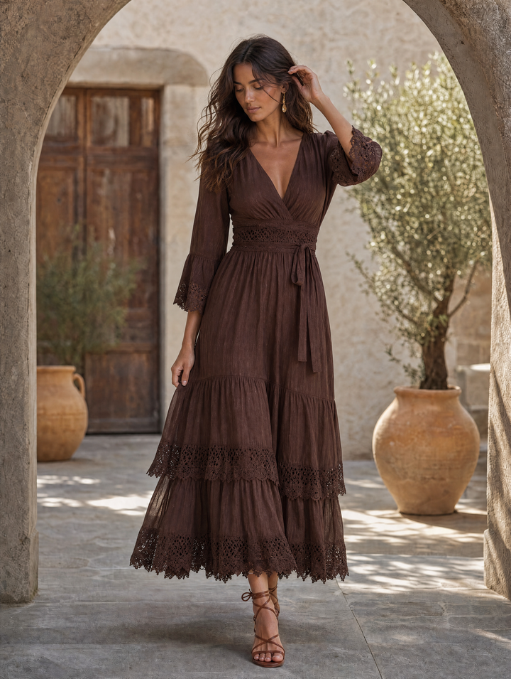 Vintage Puff-sleeve Lace Trim Cotton-linen Midi Dress