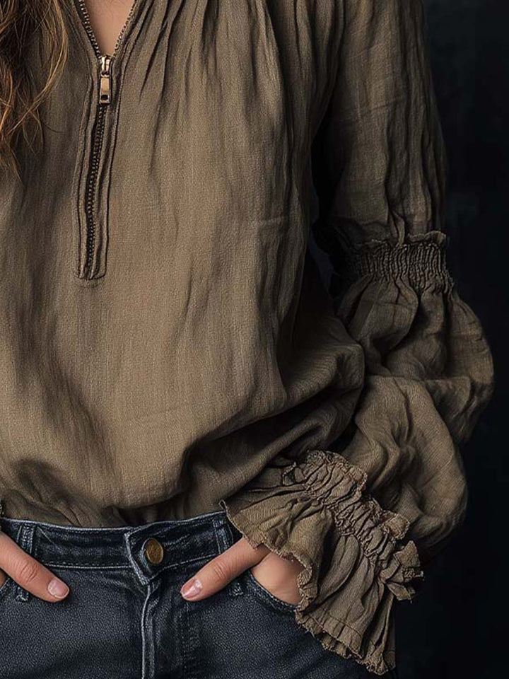 Boho Ruffled Cuff Half-Zip Blouse | Harry & Kate London
