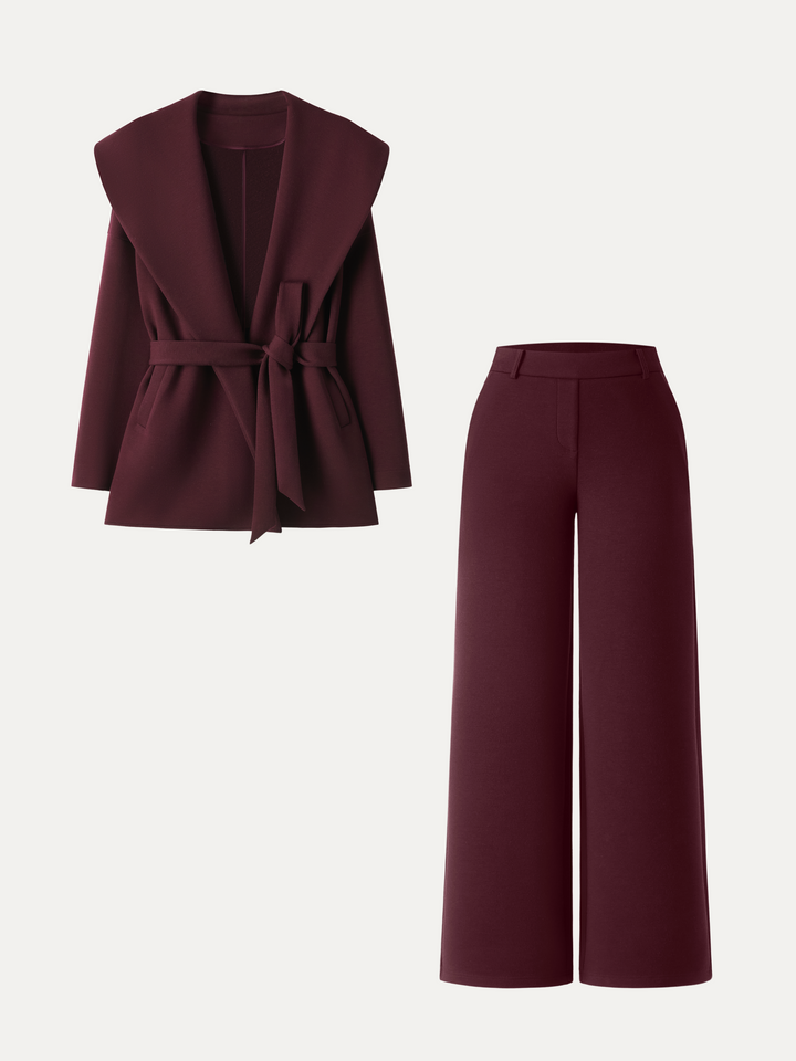 2Pcs Set Belted Shawl Collar Robe Jacket & Mid Rise Straight Pants with Pockets