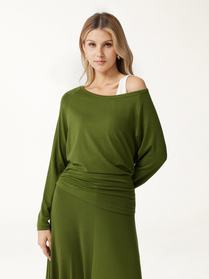 2Pcs Set LiteWarm Boatneck Off-Shoulder Ruched Top & Lyocell-Cashmere Blend Mid-Rise Umbrella Maxi Skirt
