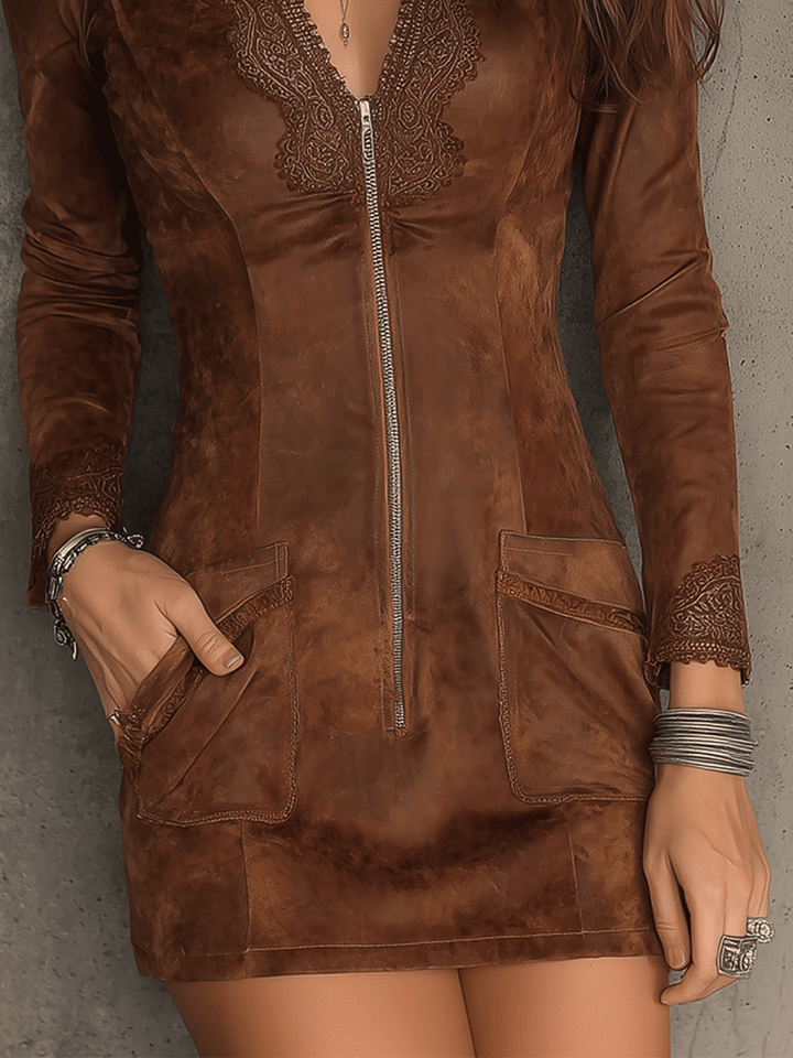 Vintage Caramel Brown Lace Trim And Zip Front Suede Mini Dress | Harry & Kate London