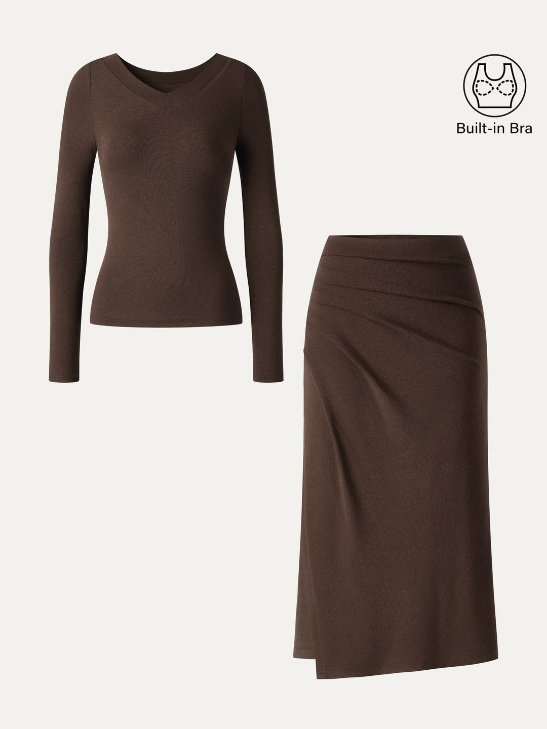 2Pcs Set LiteWarm V-Neck Long Sleeve Built-In Bra Top 3.0 & High-Rise Side-Tuck A-Line Midi Skirt